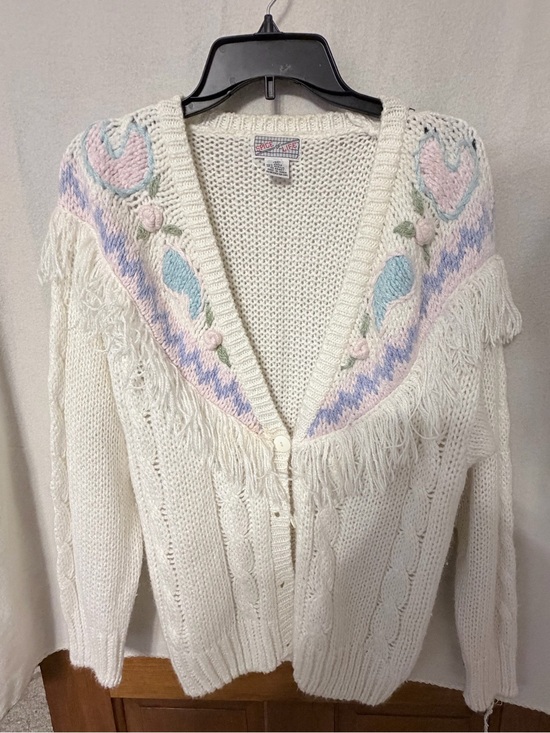 Sweaters - Vintage 80’s Cream Fringe Cardigan Sweater with Pastel Embroidery